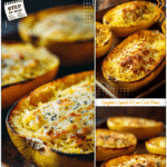 Baked spaghetti squash halves on a tray with golden caramelized edges and tender strands.